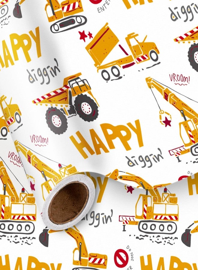 LeZakaa Kids Wrapping Paper Roll – Construction Truck & Excavator Theme with Happy Diggin’ Design – Mini Roll 17 in x 16.4 Ft Gift Wrap for Boys Birthday, Party, Baby Shower - Image 1